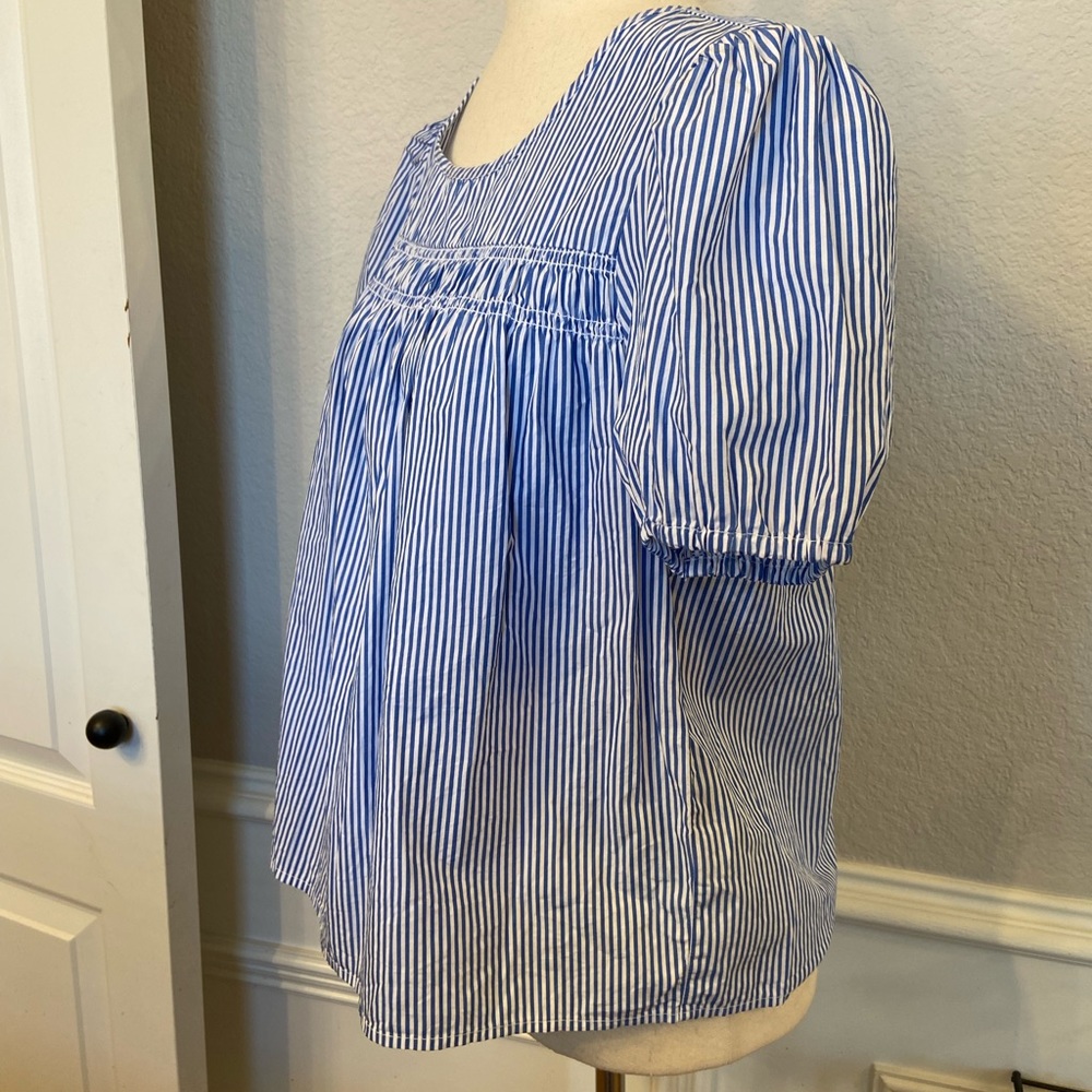 J.Crew Factory Top Women Blue White Pinstripe Short Sleeve Cotton Petite Large - Picture 3 of 10
